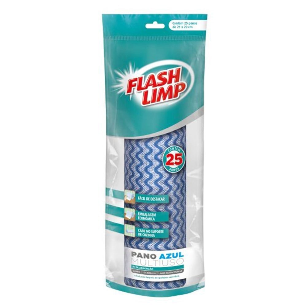 Pano Limpeza Flashlimp Mult Azul Rolo com 25 Peças FLP4571
